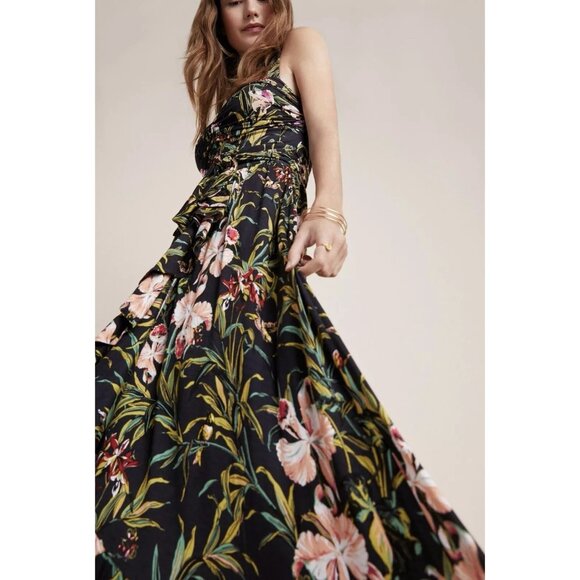 Anthropologie Maeve Gabriela Ruffled Black Floral Maxi Sweetheart Neck Dress L - Picture 1 of 16